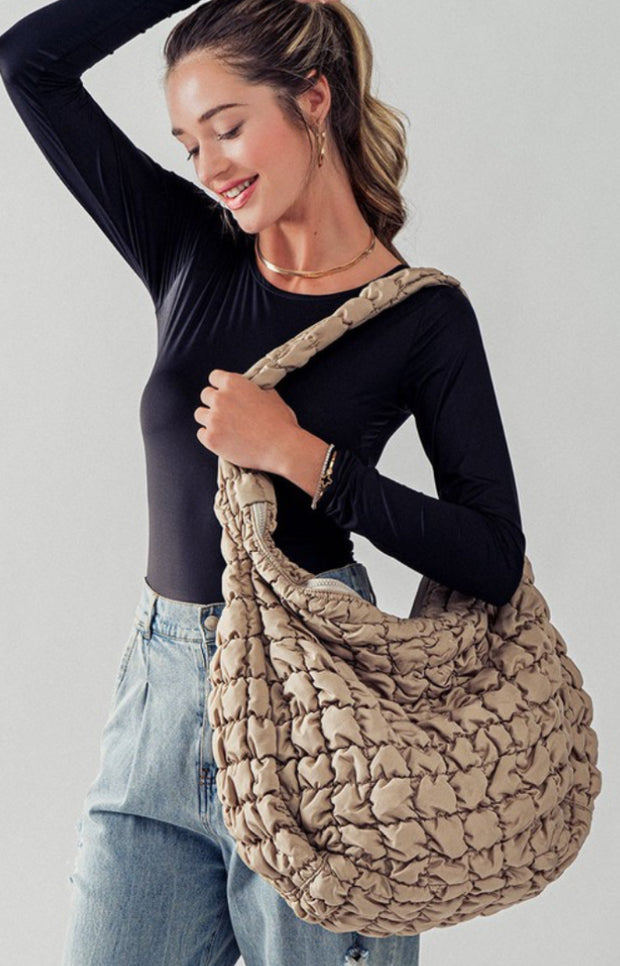 Kate Puff Quilted Carryall Shoulder Bag: Taupe