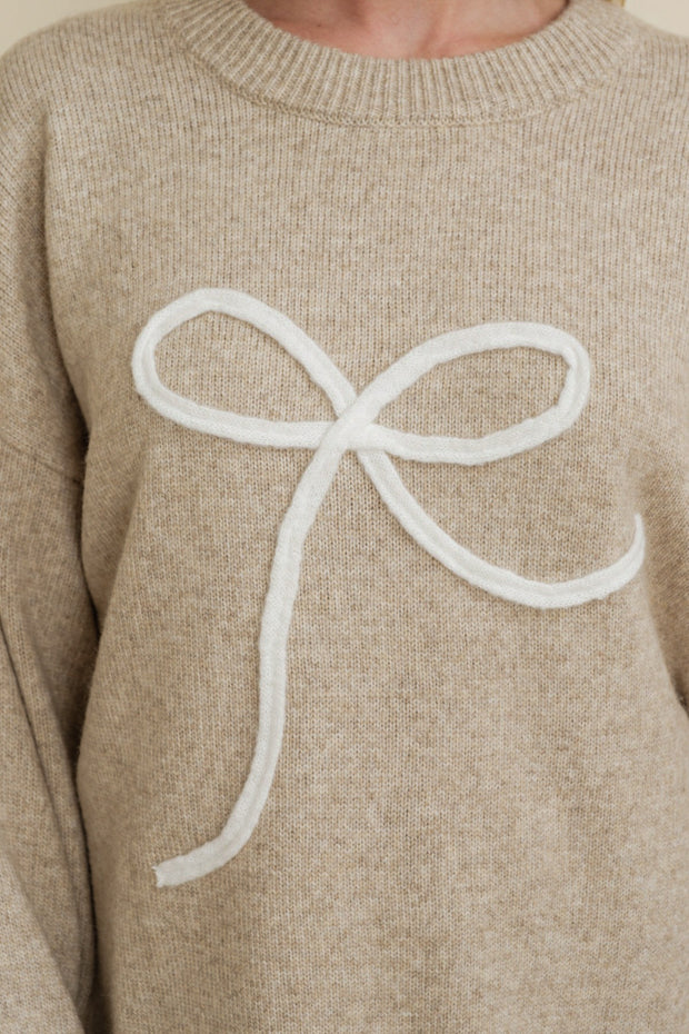 Avery Bow Embroidered Crewneck Sweater: Beige