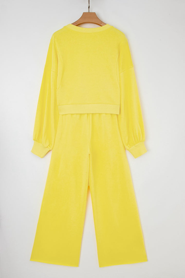 Lark Two-Piece Puff Sleeve High Waist Pant Set: Bright Lemon