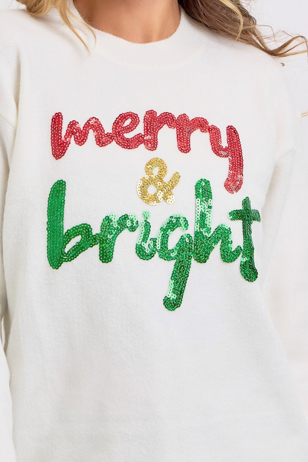 Merry &amp; Bright Sequin Crewneck Sweater: Ivory