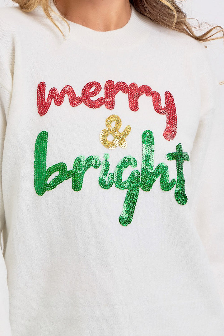 Merry &amp; Bright Sequin Crewneck Sweater: Ivory