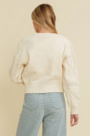 Greta Embroidered Flower Cable Knit Cardigan: Ivory