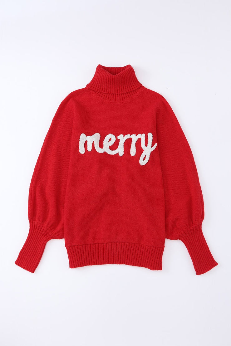 MERRY Embroidered Turtleneck Sweater: Red