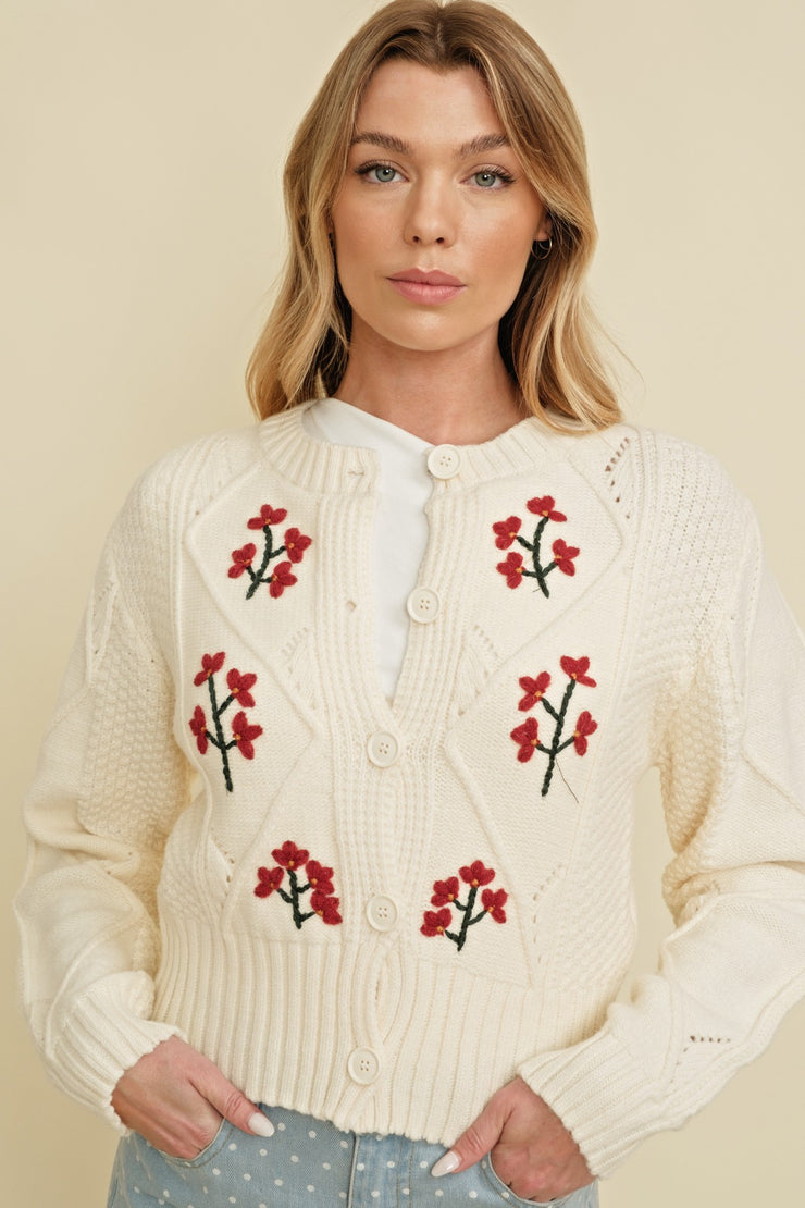 Greta Embroidered Flower Cable Knit Cardigan: Ivory