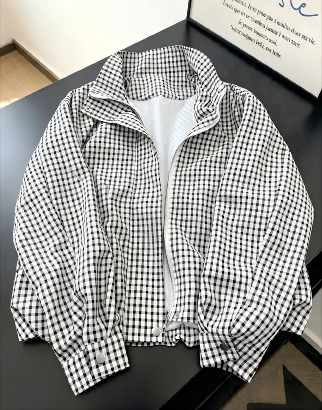 Bree Plaid Funnel Neck Bomber Jacket:Black/White
