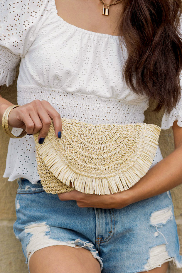 Felicity Frayed Fold Over Straw Clutch Crossbody: Natural