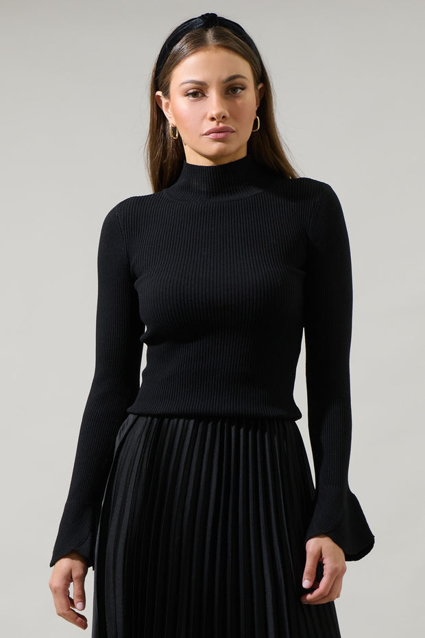 Dahlia Mock Neck Ribbed Knit Sweater: Black