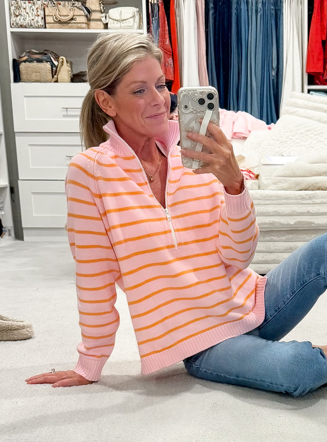 Sunset Social 1/2 Zip Cotton Sweater Stripe - Orange/Pink