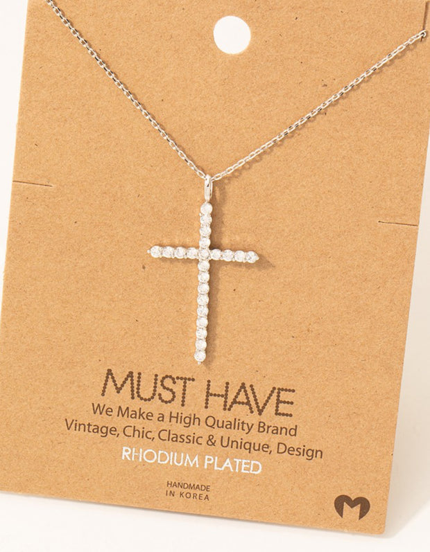 Pave Cross Pendant Chain Necklace: Silver