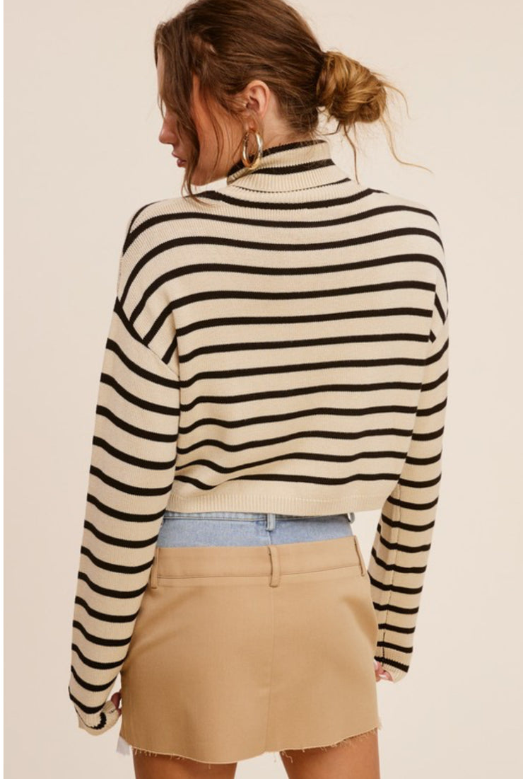 Louisa Stripe Turtleneck Crop Sweater: Khaki/Black
