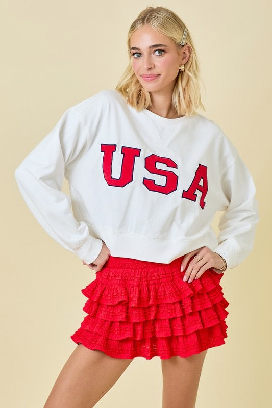 USA Graphic Cropped Crew Neck Sweatshirt: White