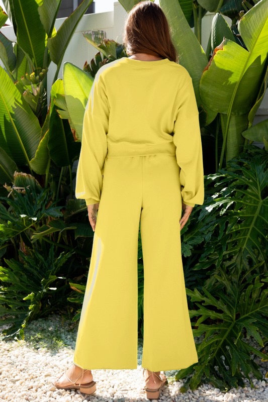 Lark Two-Piece Puff Sleeve High Waist Pant Set: Bright Lemon