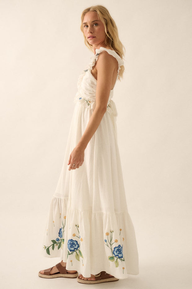 Fiona Floral Embroidered Ruffle Tie Back Maxi Dress