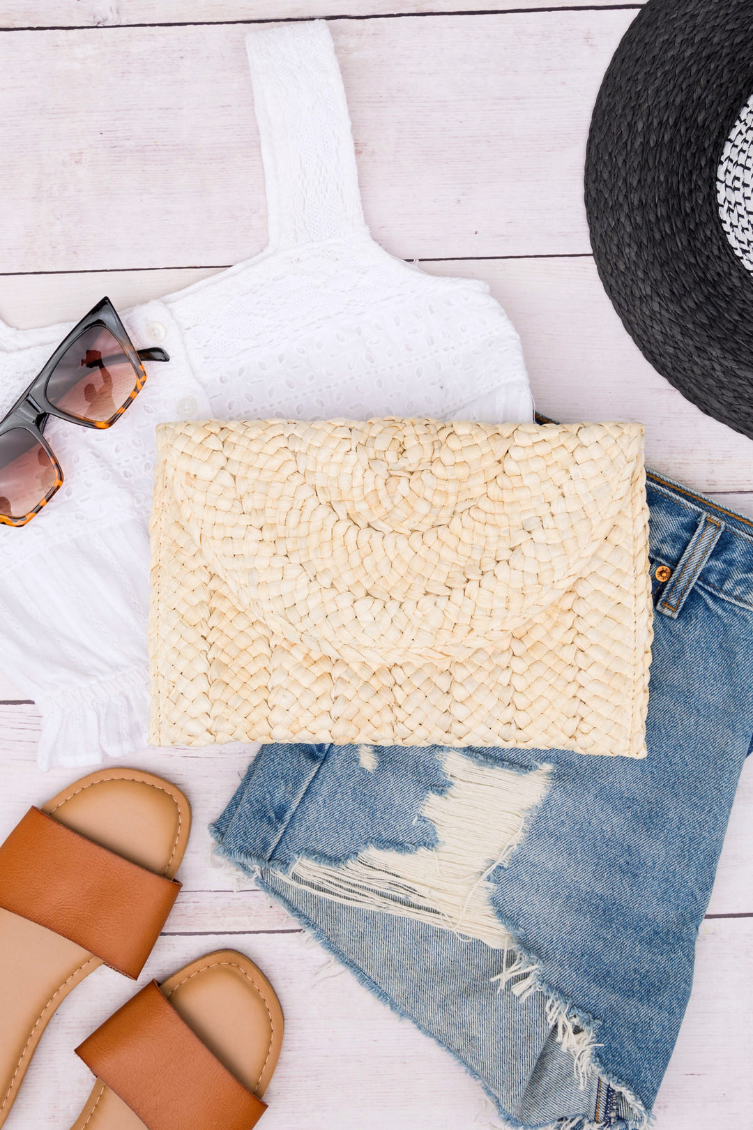 Out Of Office Fold Over Straw Clutch: Natural