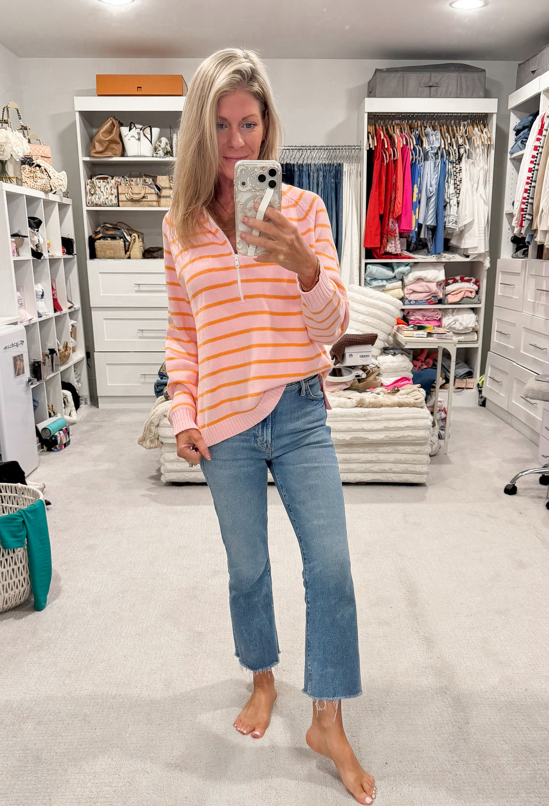 Sunset Social 1/2 Zip Cotton Sweater Stripe - Orange/Pink