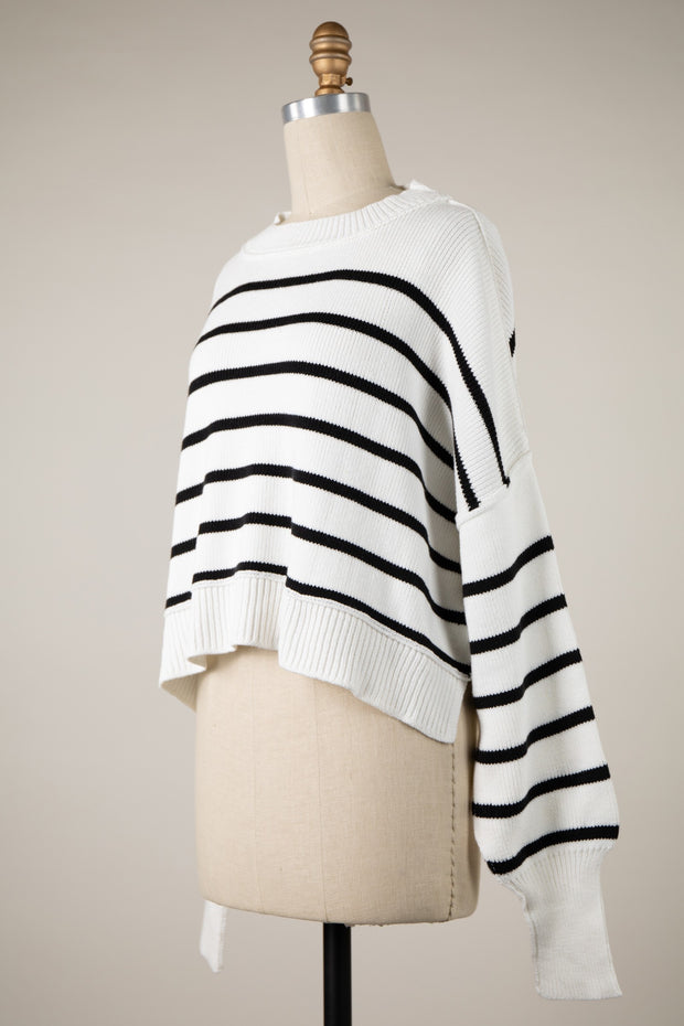 Rylan Stripe Crewneck Crop Sweater: Ivory/Black