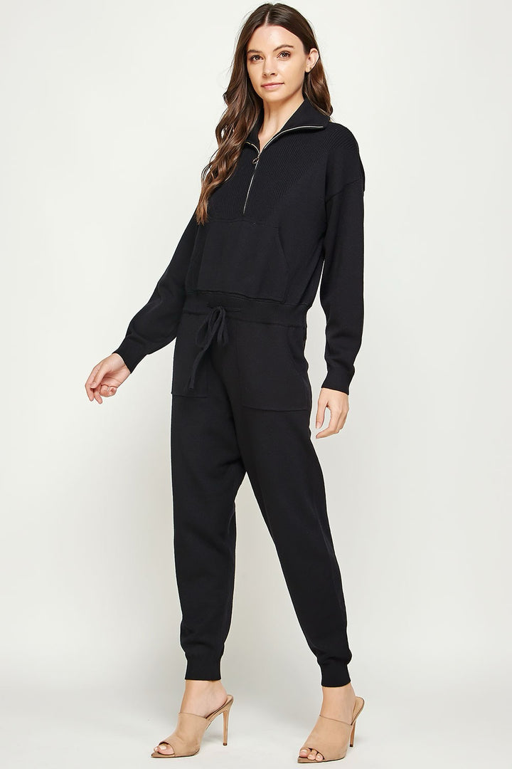 Gia Half Zip Knit Sweater Jumpsuit: Black