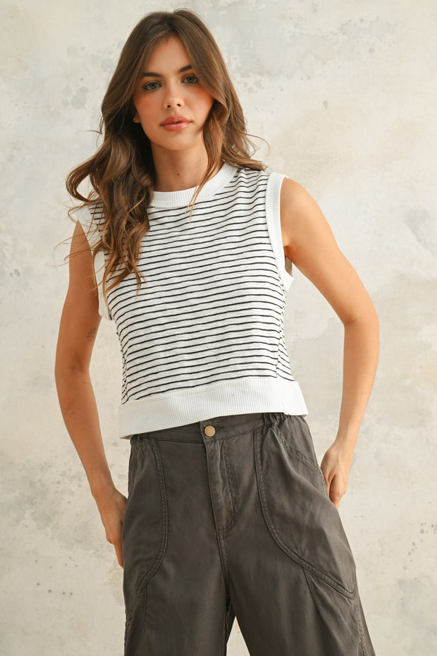 Billie Striped Sleeveless Top: Black/Ivory