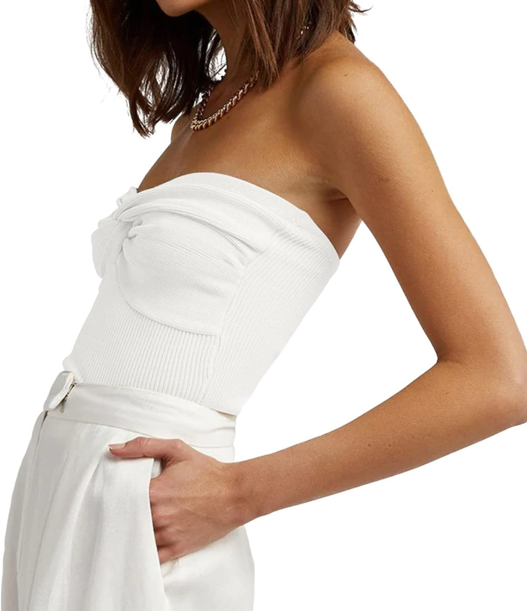 Courtney Twist Knot Ribbed Knit Strapless Top: White