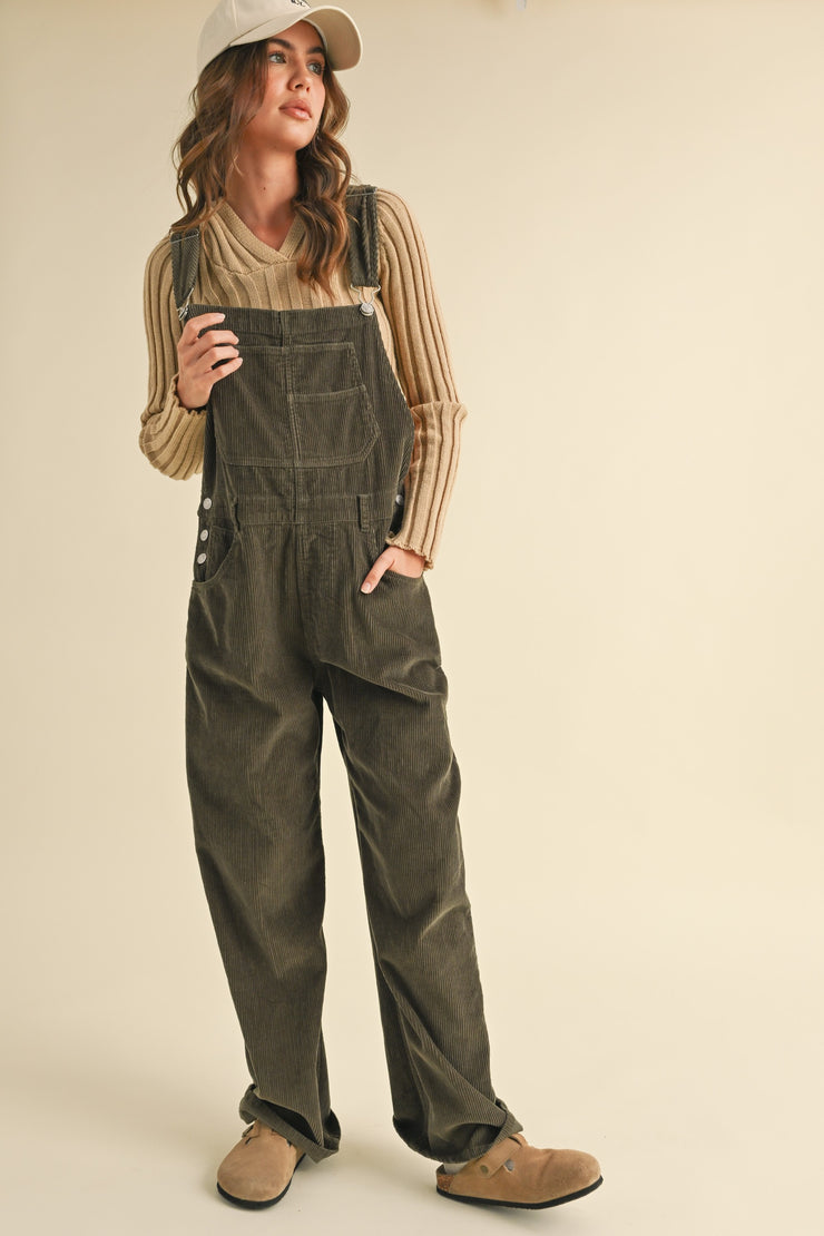 Landon Boyfriend Fit Corduroy Overalls: Olive