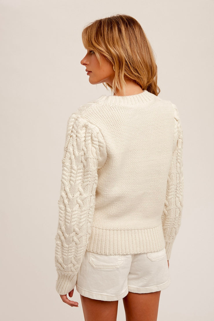 Embellished Pearl Cable Knit Sweater: Oatmeal