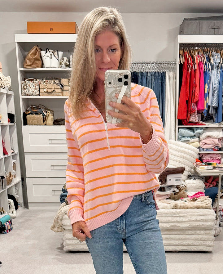 Sunset Social 1/2 Zip Cotton Sweater Stripe - Orange/Pink