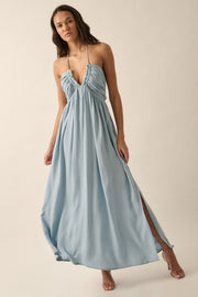Just Because Plunging Halter Neck Denim Maxi Dress: Chambray