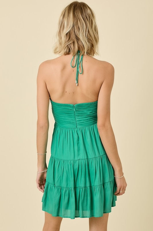 Anna Halter V Notched Ruched Tiered Mini Dress: Clover