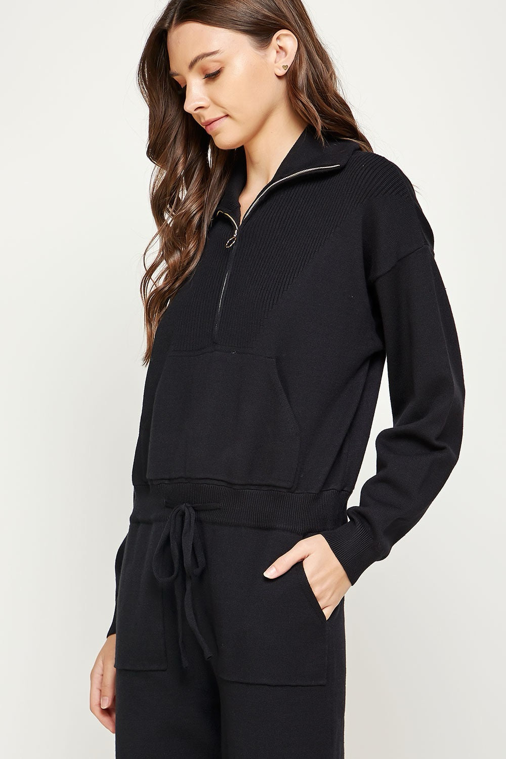 Gia Half Zip Knit Sweater Jumpsuit: Black