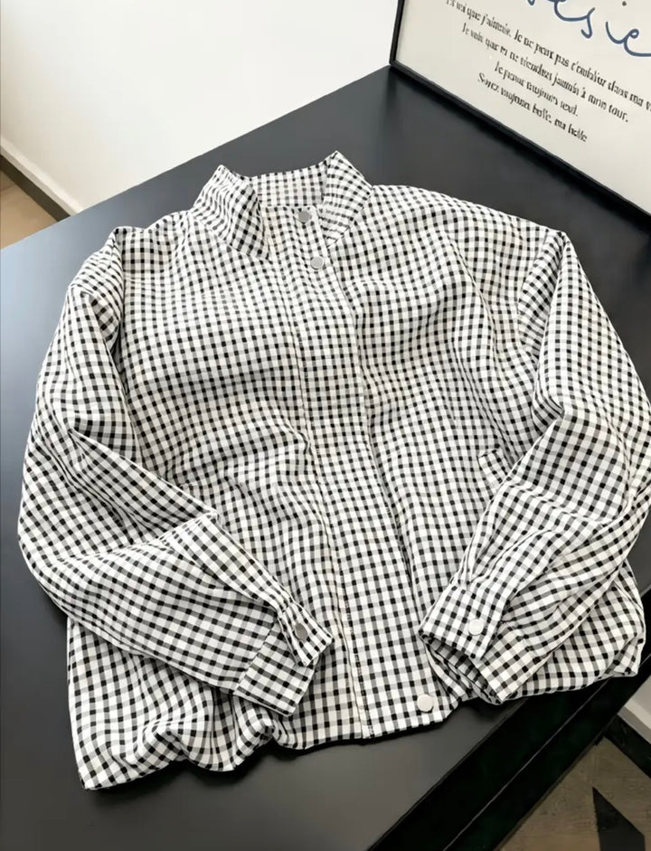 Bree Plaid Funnel Neck Bomber Jacket:Black/White