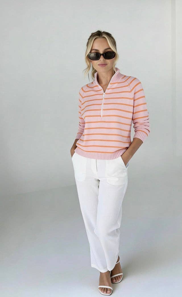 Sunset Social 1/2 Zip Cotton Sweater Stripe - Orange/Pink