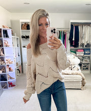 Alisha Boat Neck Dolman Crochet Sweater: Taupe