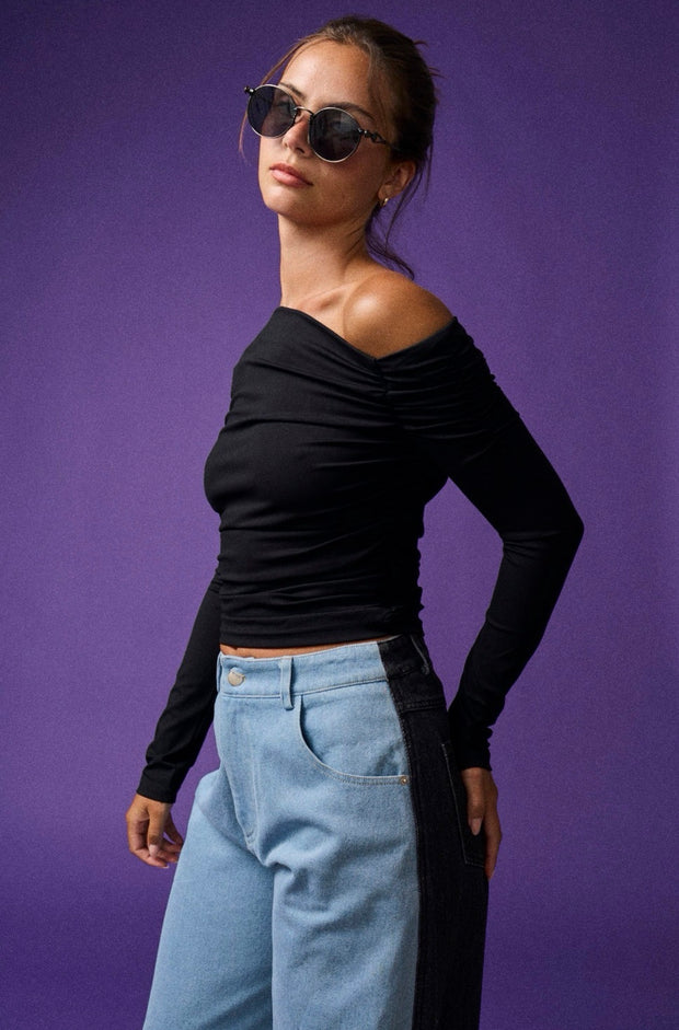 Marissa Shirred Assymetrical Top: Black