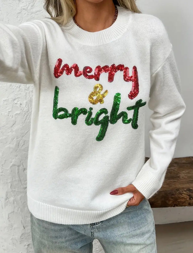 Merry & Bright Sequin Crewneck Sweater: Ivory