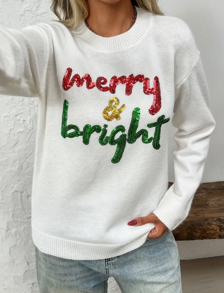 Merry & Bright Sequin Crewneck Sweater: Ivory