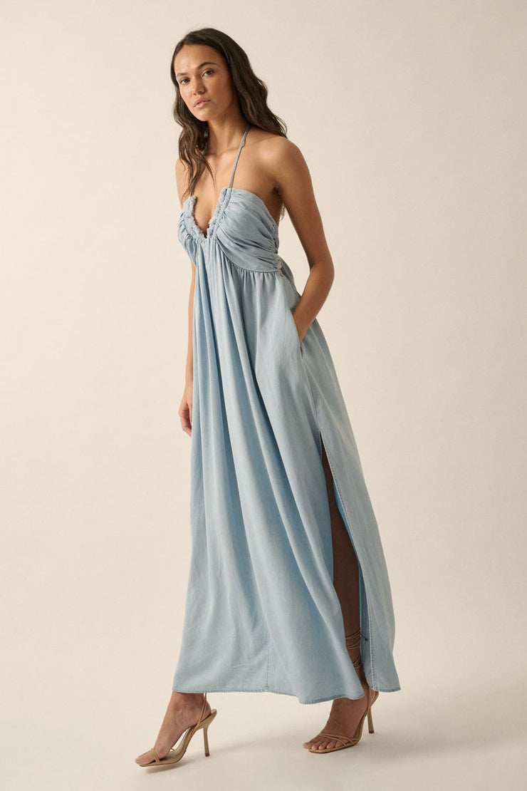 Just Because Plunging Halter Neck Denim Maxi Dress: Chambray Medium Just Because Plunging Halter Neck Denim Maxi Dress: Chambray Medium