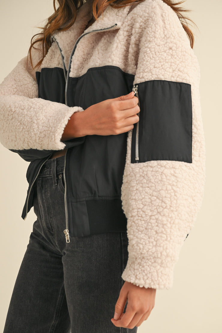 Mable Shearling Contrast Bomber Jacket: Ivory/Black