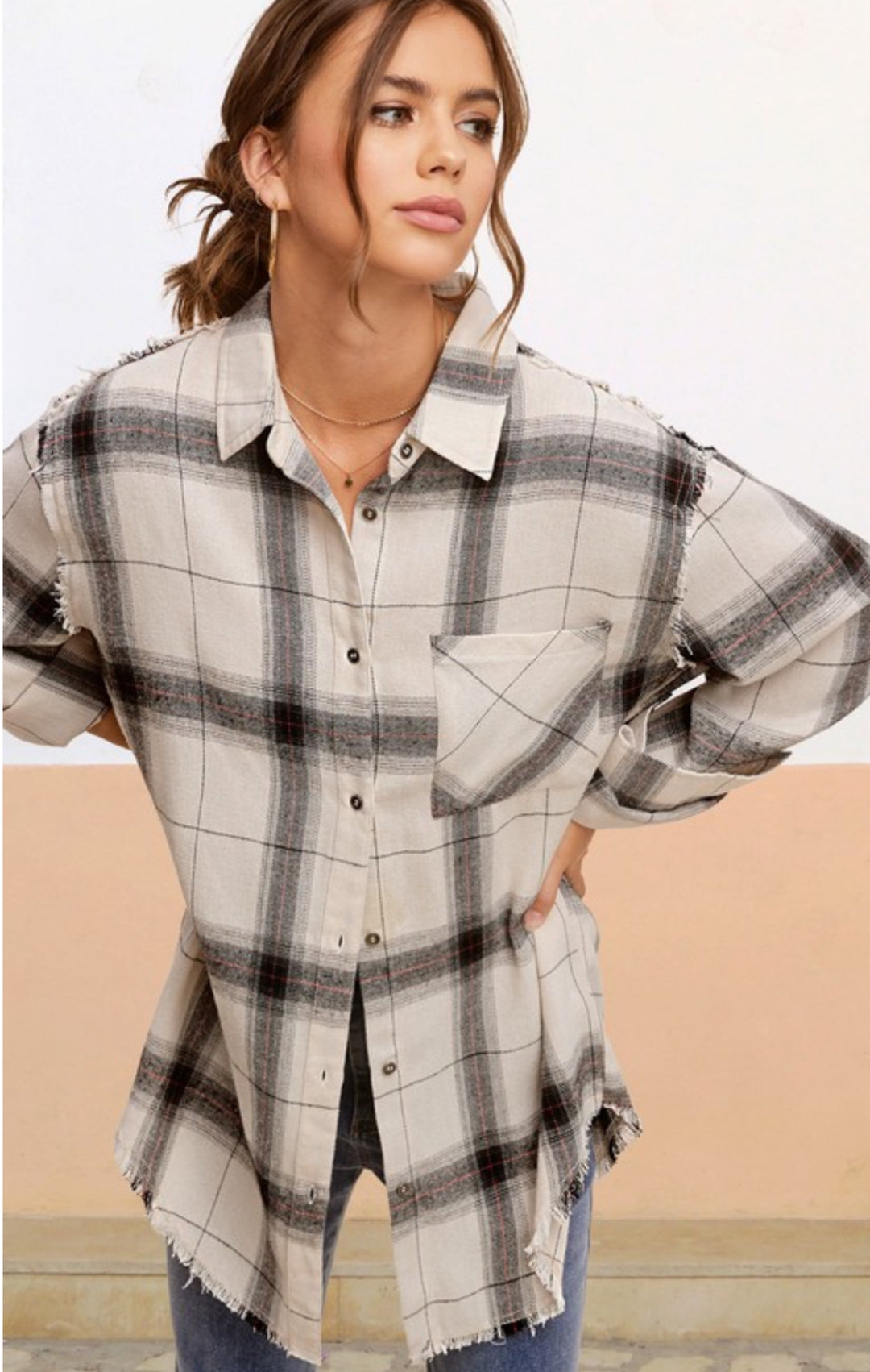 Celine Soft Boyfriend Raw Hem Plaid Shirt: Ivory