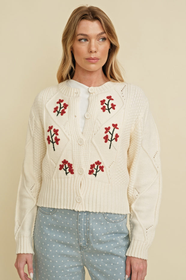 Greta Embroidered Flower Cable Knit Cardigan: Ivory