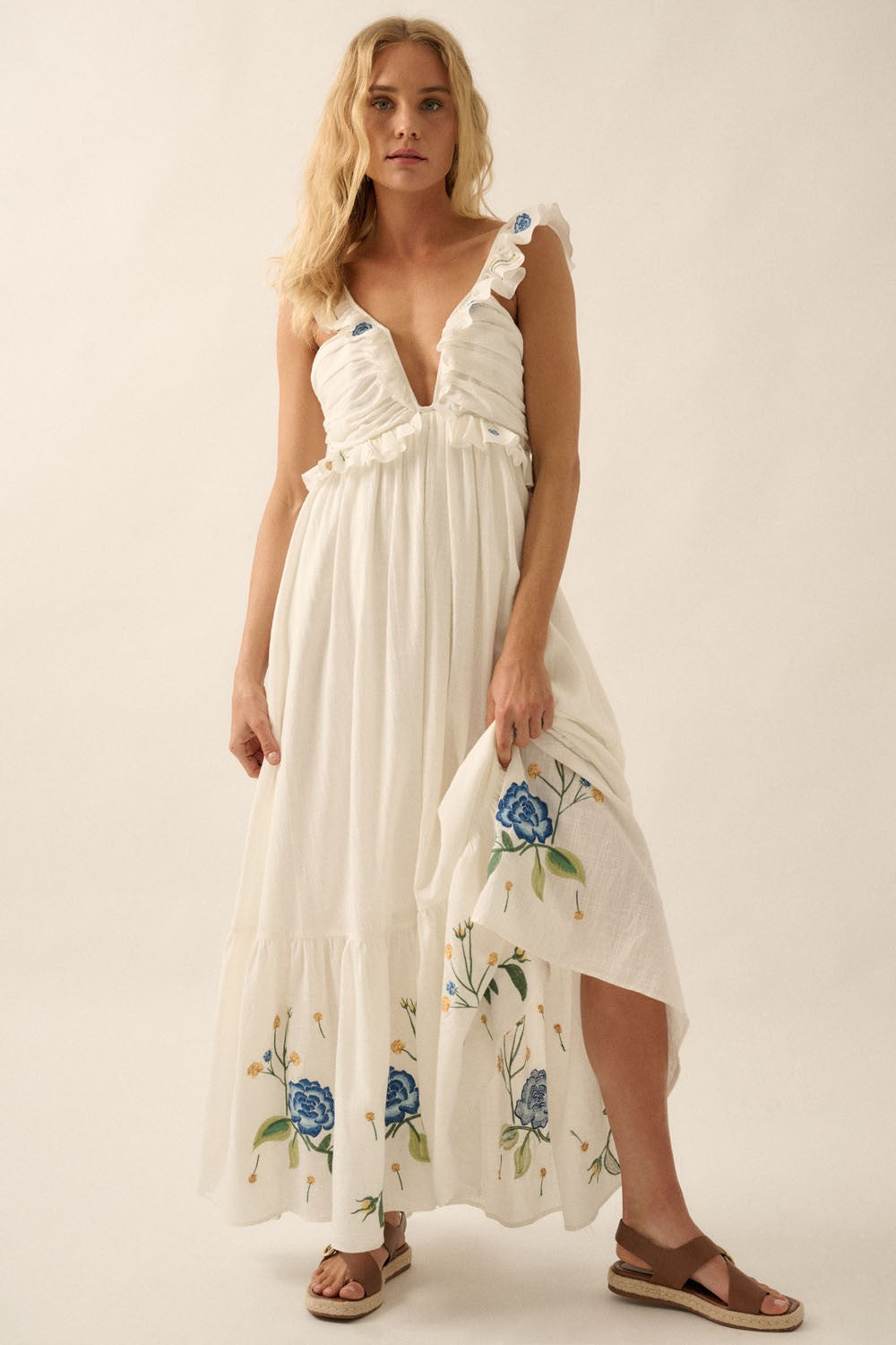 embroidered ruffle dress Flower Embroidery Ruffle Sleeve Mini Dress
