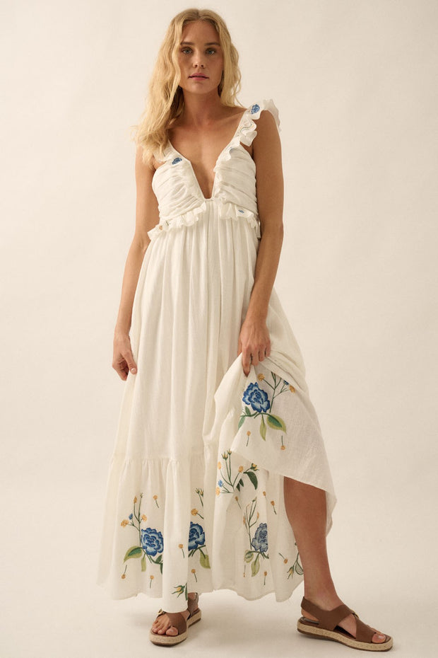 Fiona Floral Embroidered Ruffle Tie Back Maxi Dress