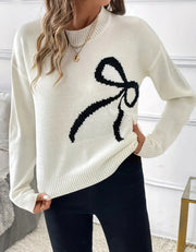 Samantha Bow Embroidered Crewneck Sweater:Ivory/Black