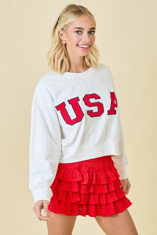 USA Graphic Cropped Crew Neck Sweatshirt: White