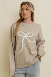 Avery Bow Embroidered Crewneck Sweater: Beige