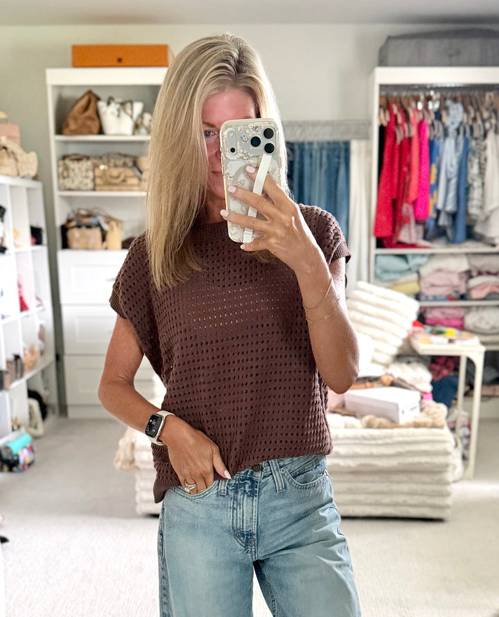 Adeline Open Knit Sweater Vest: Chocolate