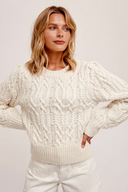 Embellished Pearl Cable Knit Sweater: Oatmeal