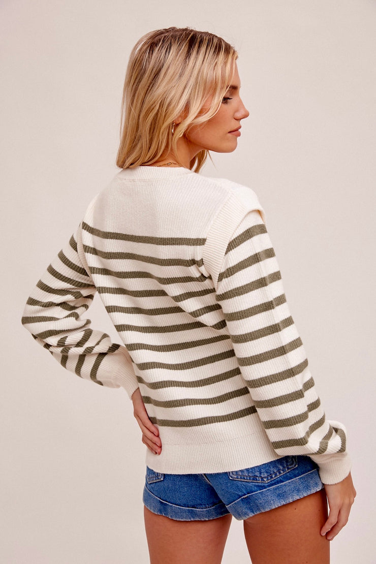 Calista Stripe Bubble Sleeve Knit Sweater: Olive/Cream