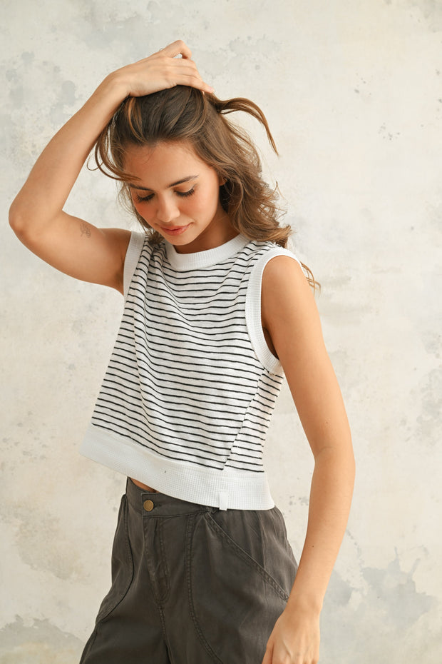 Billie Striped Sleeveless Top: Black/Ivory