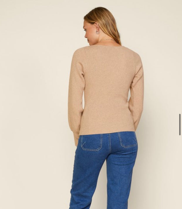 Bella V-Neck Ribbed Sweater: Taupe