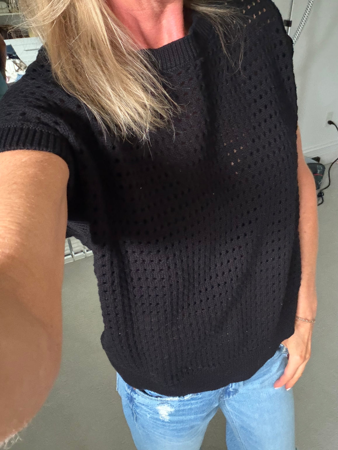 Adeline Open Knit Sweater Vest: Black